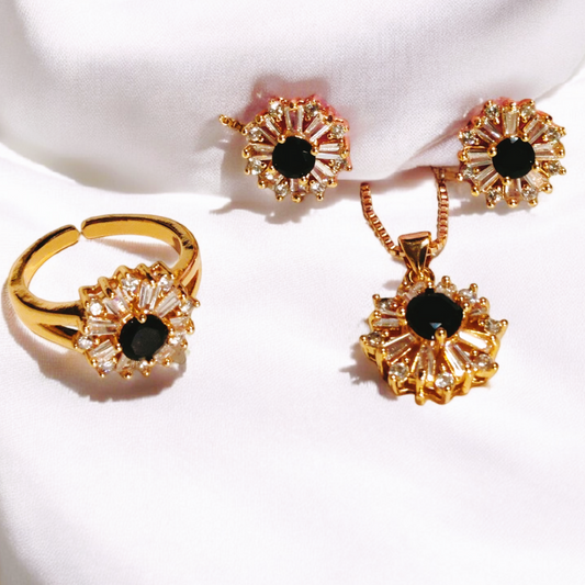 Fancy Design Gold Plated Black Zircon Stone Necklace with Ring