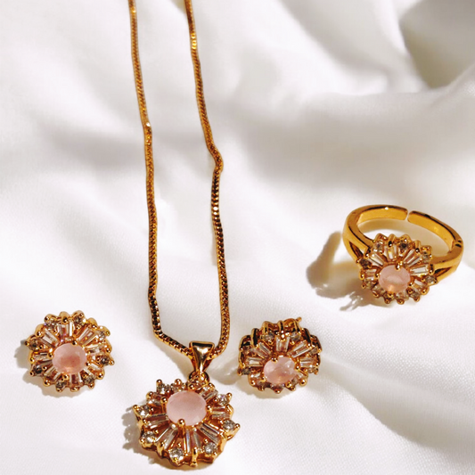 Fancy Design Gold Plated Pink Zircon Stone Necklace with Ring