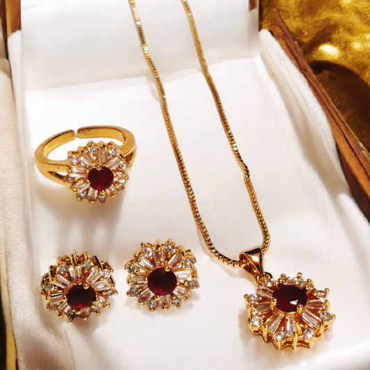 Fancy Design Gold Plated Red Zircon Stone Necklace with Ring