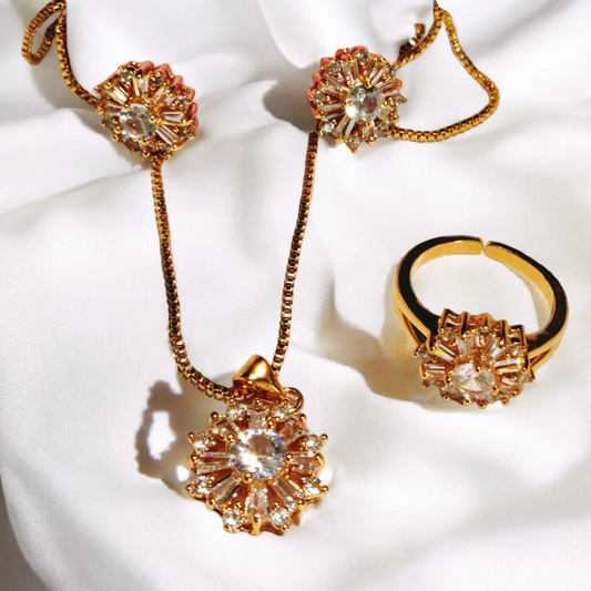 Fancy Design Gold Plated White Zircon Stone Necklace with Ring