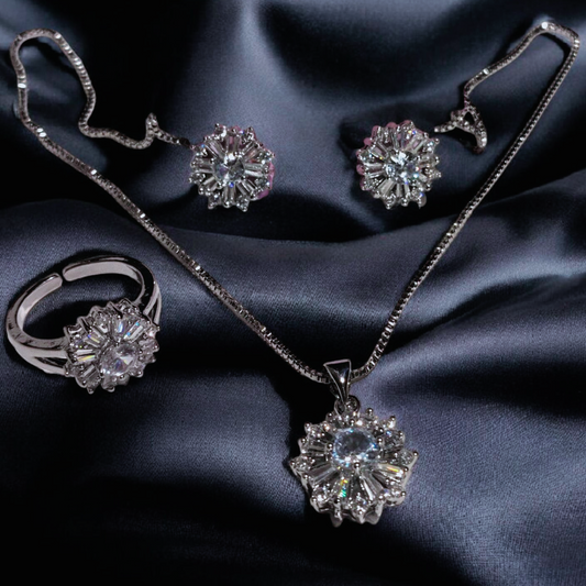 Fancy Design  Silver Zircon Stone Necklace with Ring