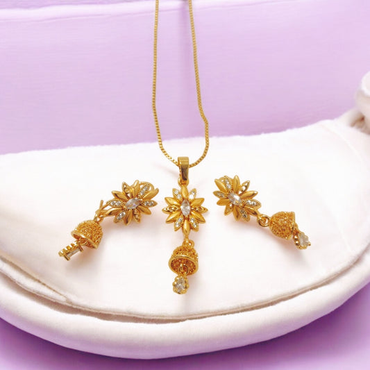 Flower Design Gold Pated Locket Set Crystal Zircon Stone
