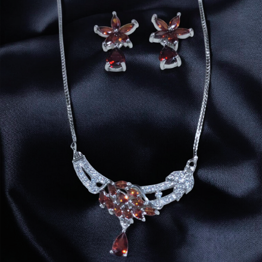 Leaf Design Silver Champagne Zircon Stone Locket Set