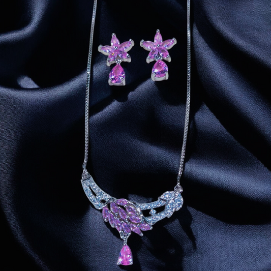 Leaf Design Silver Pink Zircon Stone Locket Set