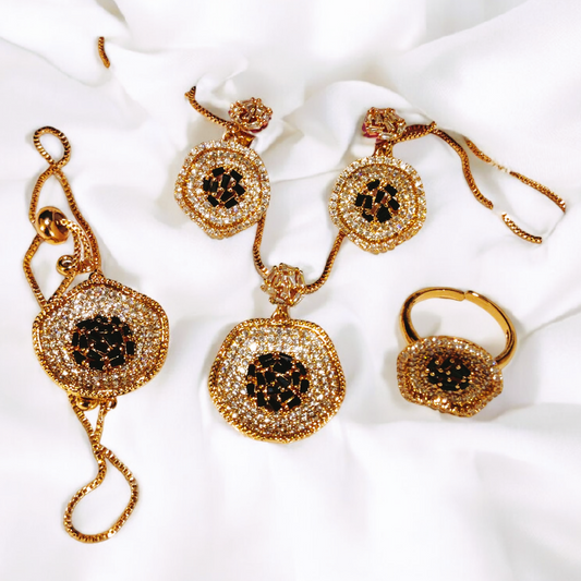 Luminous Design Gold Plated Black Stone Locket Set With Ring & Bracelet
