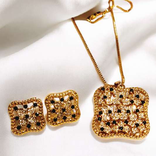 Square Design Gold Plated Black Zircon Stone Locket Set