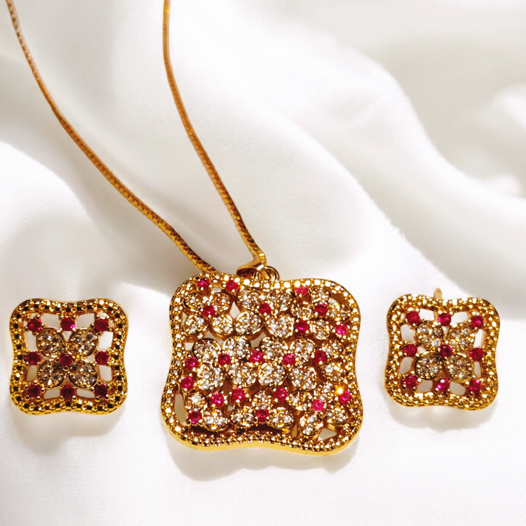 Square Design Gold Plated Black Zircon Stone Locket Set