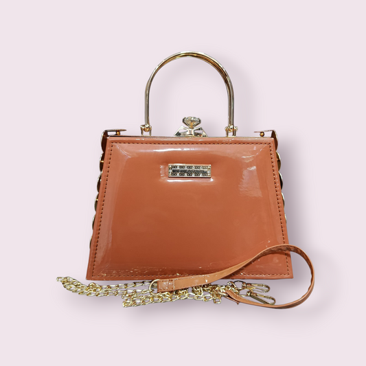 Glossy Structured Handbag with Gold Accents