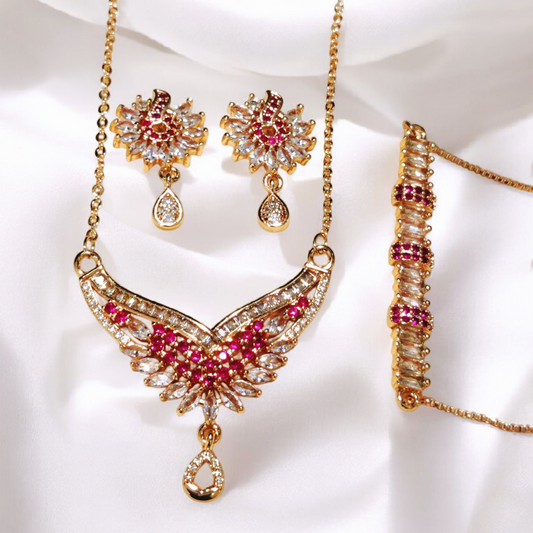 Beautiful Design Gold Plated Red Zircon Stone Locket Set with Bracelet