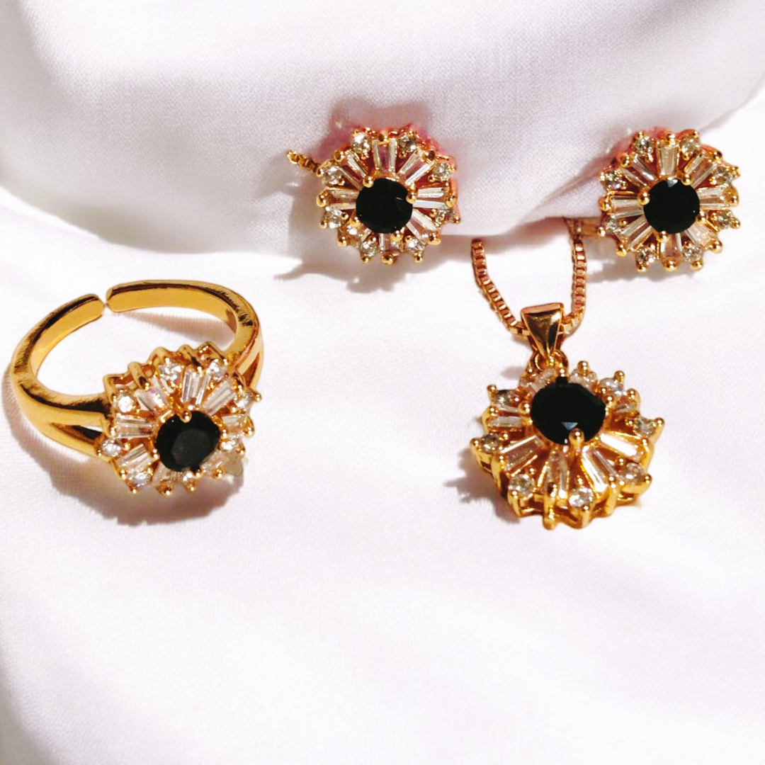 Fancy Design Gold Plated Black Zircon Stone Necklace with Ring