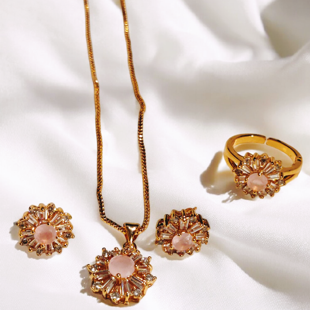 Fancy Design Gold Plated Pink Zircon Stone Necklace with Ring