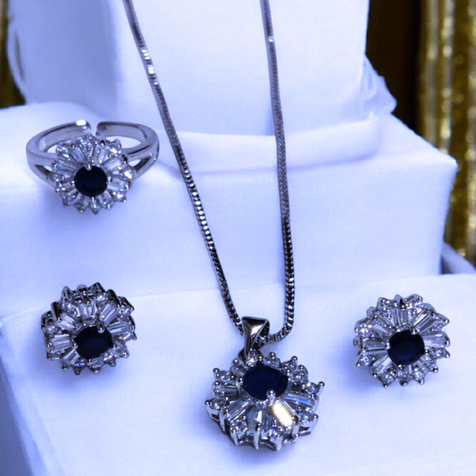 Fancy Design  Silver Black Zircon Stone Necklace with Ring